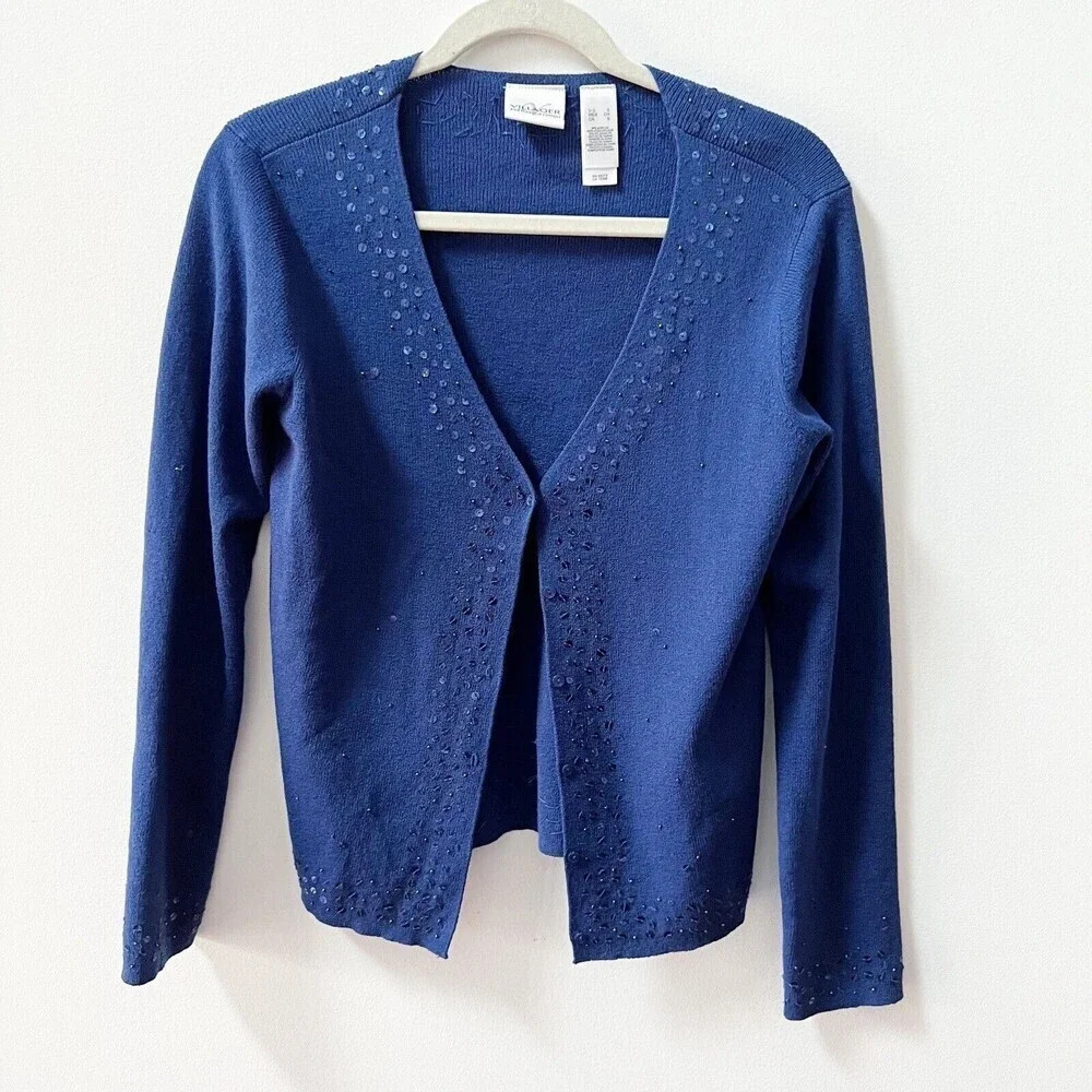 Vintage Y2K Womens Navy Blue Beaded Sequin Cardigan Sz Small Liz Claiborne